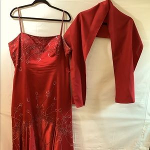 Embellished long formal gown with wrap for shoulders